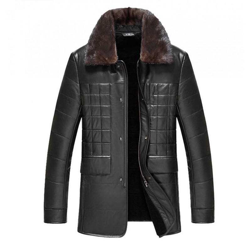 Luxury Fur Collar Detachable Genuine Black Leather Jacket