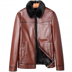 Shearling Genuine Cow Leather Fur Collar Leather Jacket