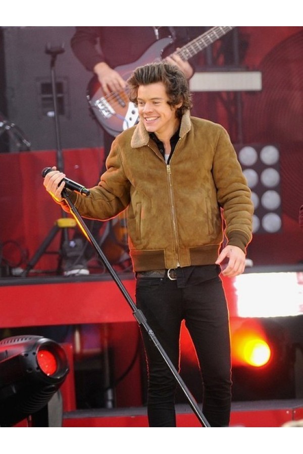 Harry Styles Fur Collar Brown Suede Leather Bomber Jacket