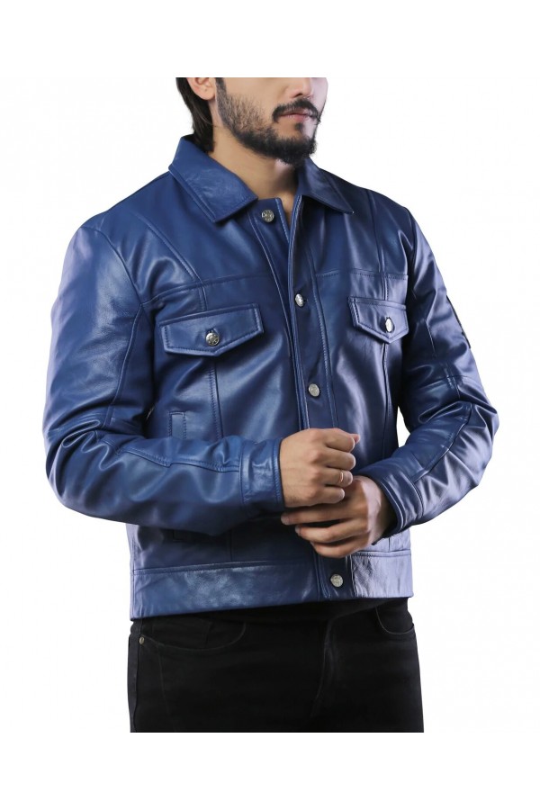 Mens Future Trunks Capsule Corp Blue Leather Jacket