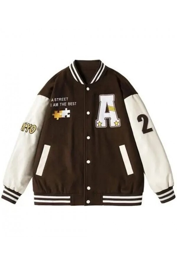 Hip Hop Puzzle Embroidered Green Varsity Jacket