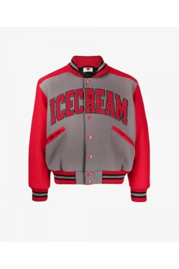 ICECREAM College Gray and Red Varsity Jacket