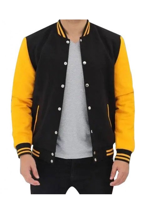 Mens Black and Yellow Cotton Bomber Jacket