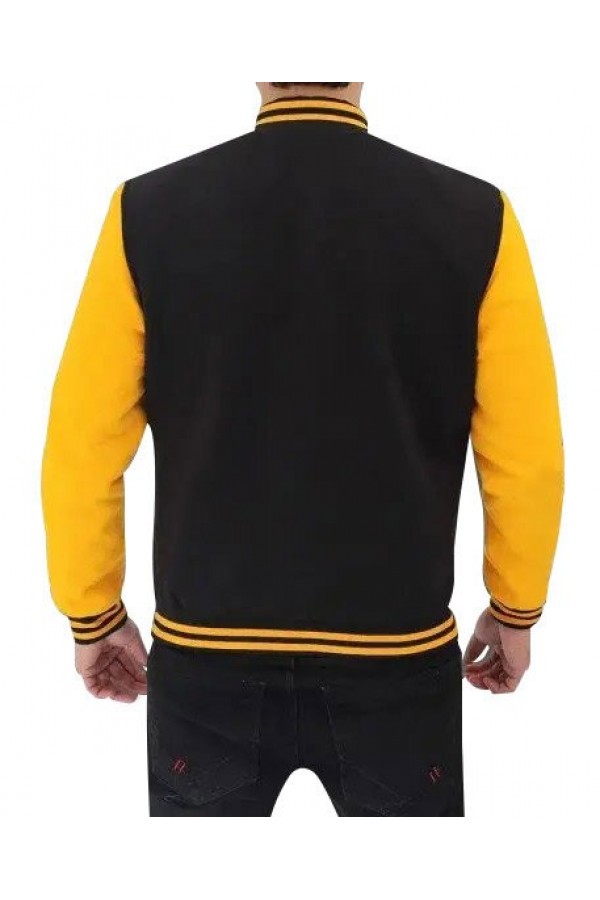 Mens Black and Yellow Cotton Bomber Jacket