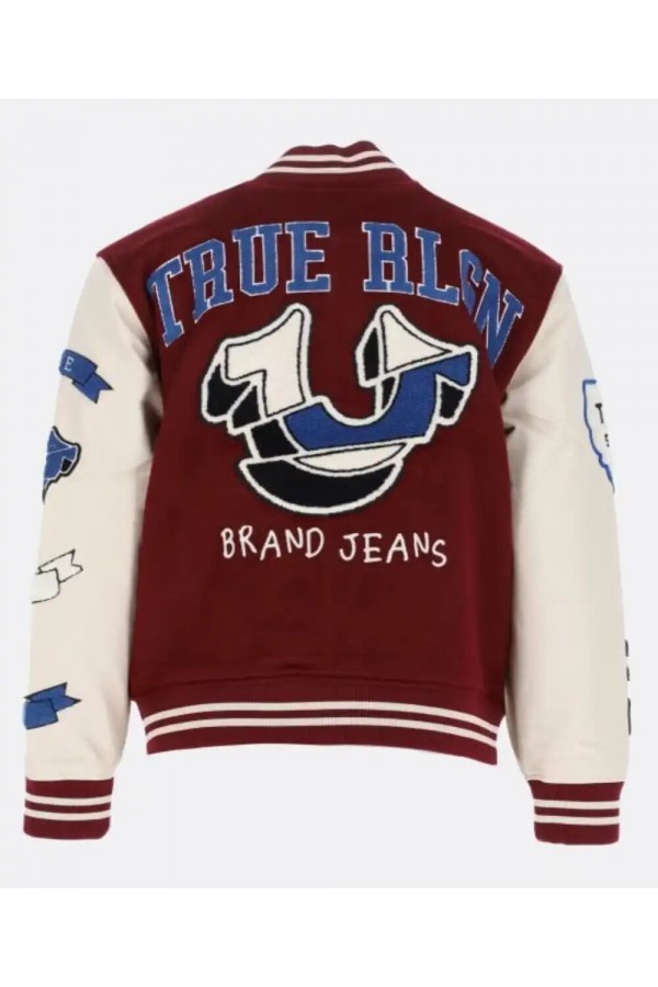 True Religion Maroon And White Varsity Jacket