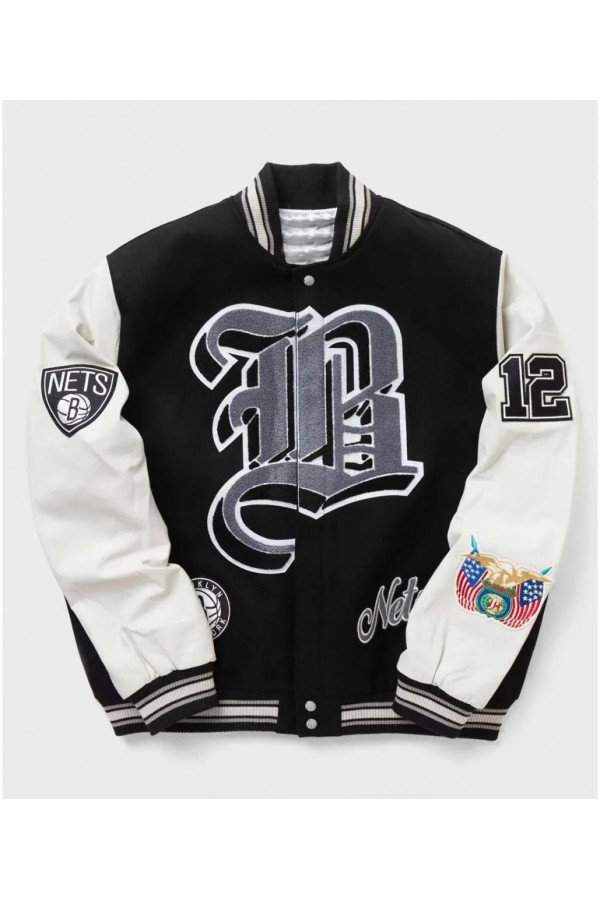 Brooklyn Nets 12 Letterman Black and White Wool Jacket Brooklyn Nets 12 Letterman Black and White Wool Jacket