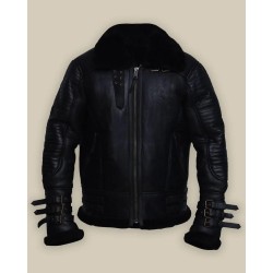 Men Biker Shearling Black Leather Jacket