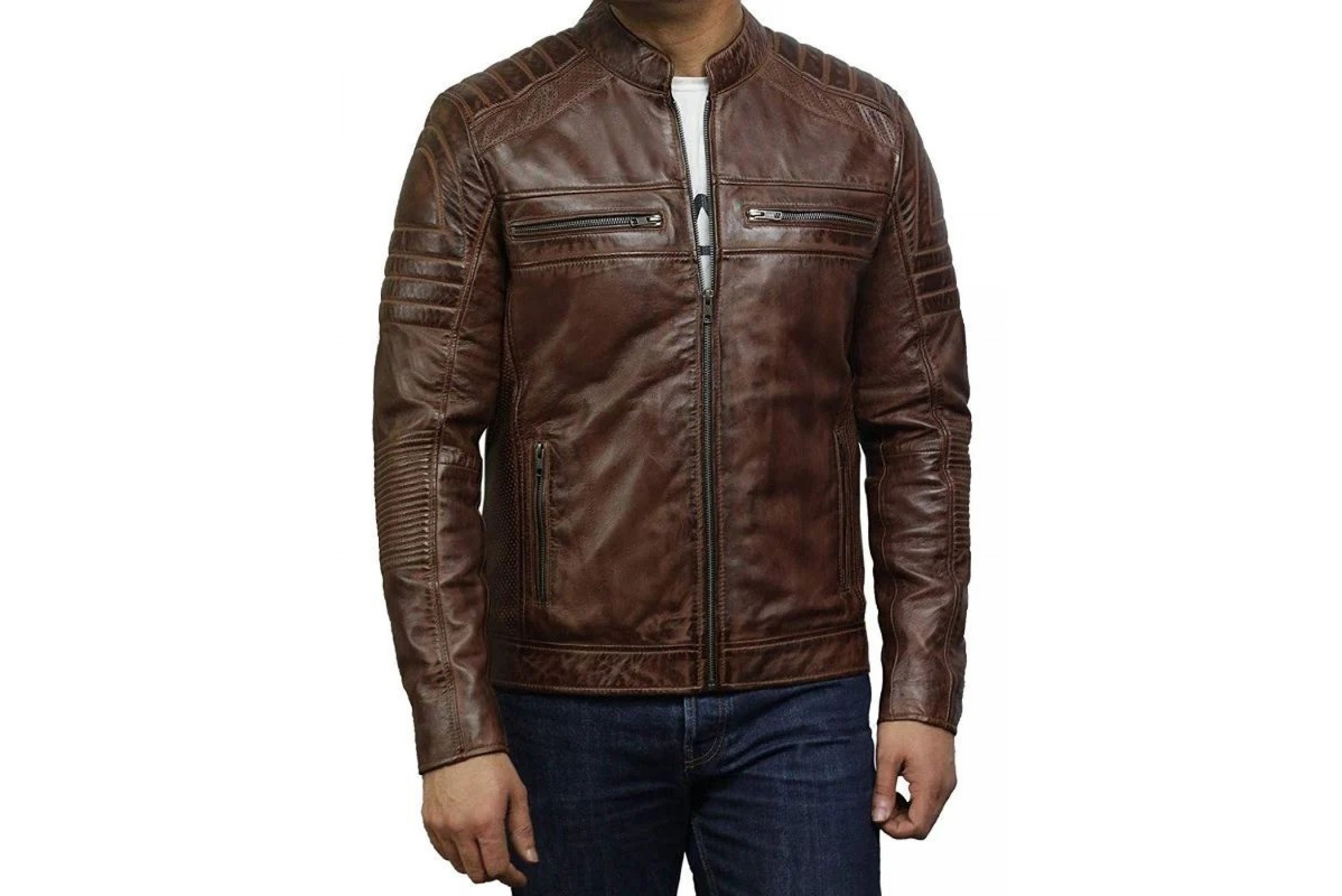Men Cafe Racer Brown Leather Jacket