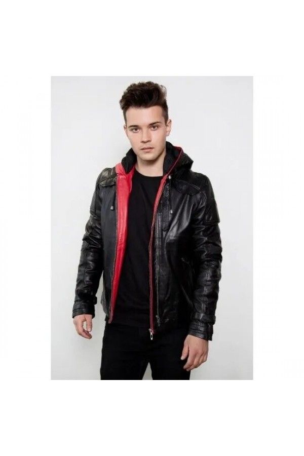 Mens Red Hood Black Leather Jacket Mens Red Hood Black Leather Jacket