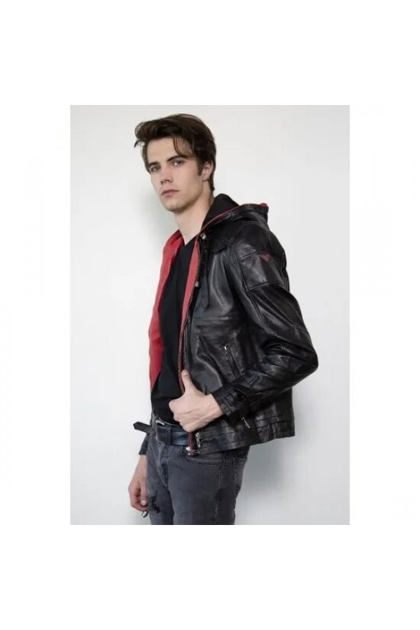 Mens Red Hood Black Leather Jacket Mens Red Hood Black Leather Jacket