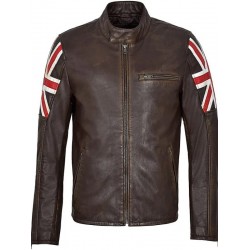 UK Flag Cafe Racer Biker Brown Leather Jacket