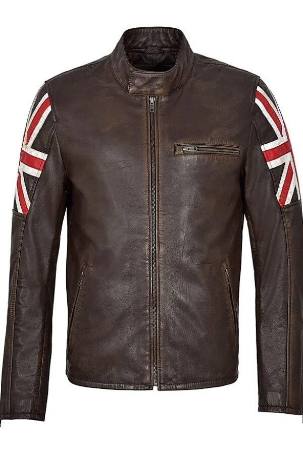 UK Flag Cafe Racer Biker Brown Leather Jacket UK Flag Cafe Racer Biker Brown Leather Jacket