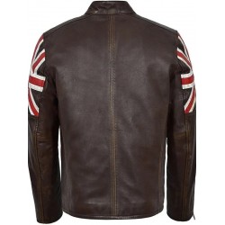 UK Flag Cafe Racer Biker Brown Leather Jacket