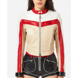 Fast X 2023 Nathalie Emmanuel Red & White Leather Biker Jacket
