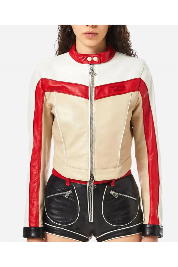 Fast X 2023 Nathalie Emmanuel Red & White Leather Biker Jacket Fast X 2023 Nathalie Emmanuel Red & White Leather Biker Jacket