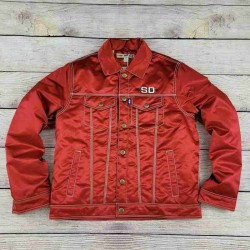 Red Peppers Satin Trucker Jacket – Bold & Stylish Red Outerwear for Winter