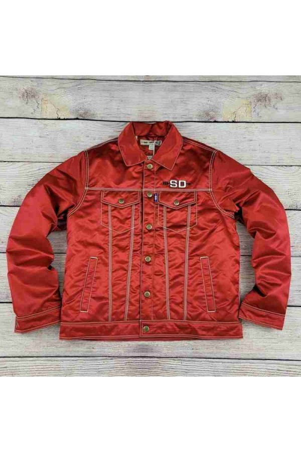 Red Peppers Satin Trucker Jacket – Bold & Stylish Red Outerwear for Winter Red Peppers Satin Trucker Jacket – Bold & Stylish Red Outerwear for Winter