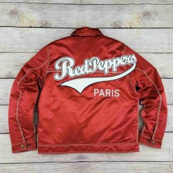 Red Peppers Satin Trucker Jacket – Bold & Stylish Red Outerwear for Winter